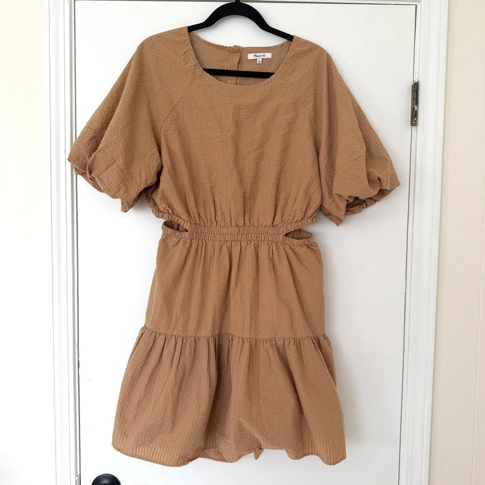 Madewell Seersucker Cutout Tiered Mini Dress Tawny Brown Puff Sleeve XL NE614 - Picture 2 of 10